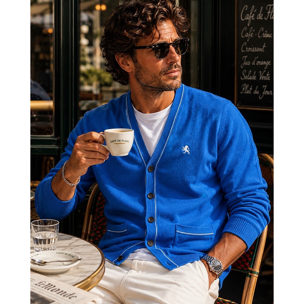 Express Blue Cotton Button‎ Cardigan Sweater Lion Crest Men's L